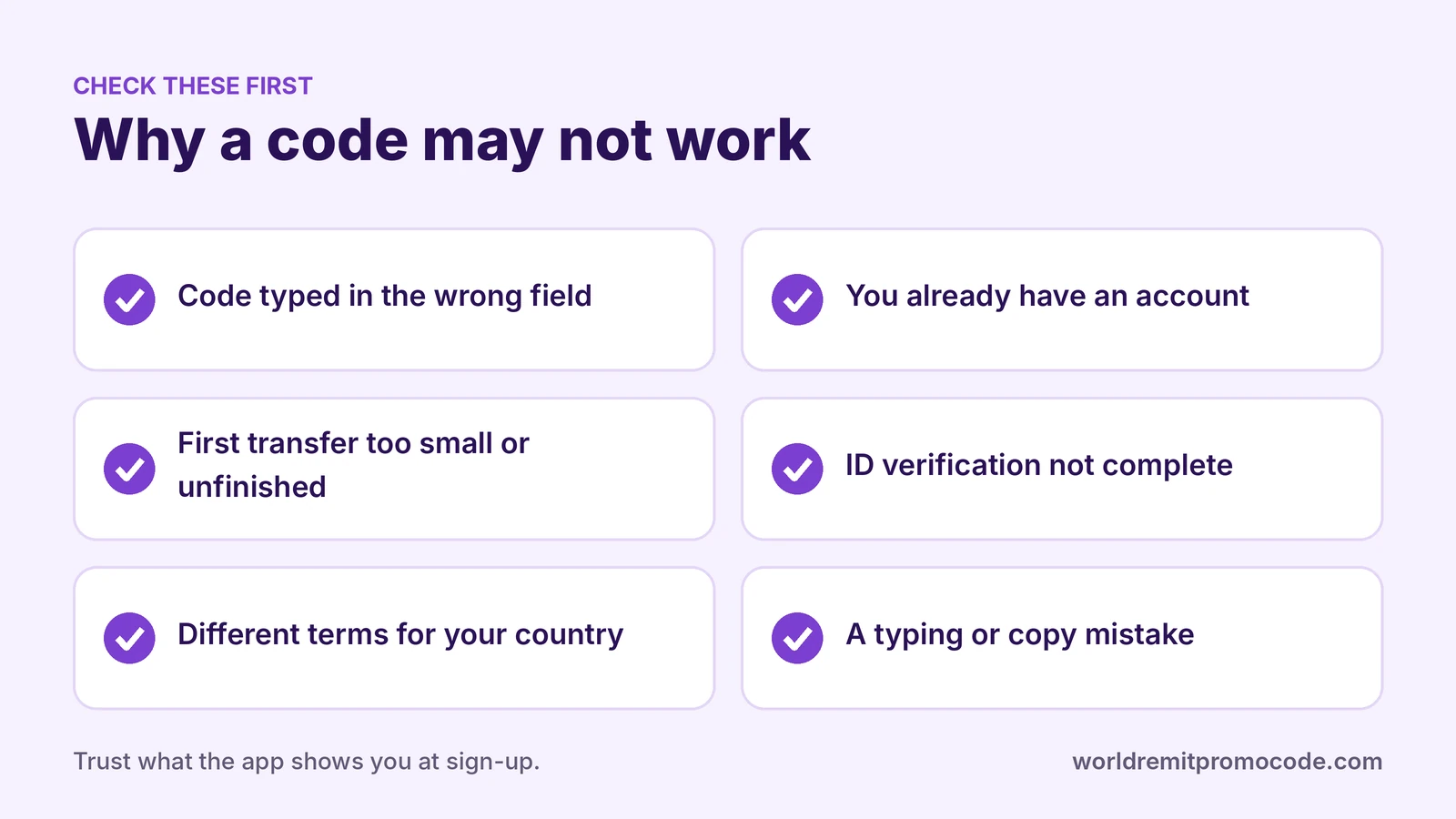 A checklist of the common reasons a WorldRemit code does not work